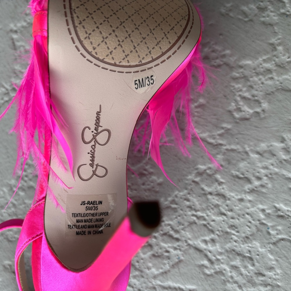 Jessica Simpson Raelin Neon Pink Feathered Strappy High Heels - Picture 7 of 8